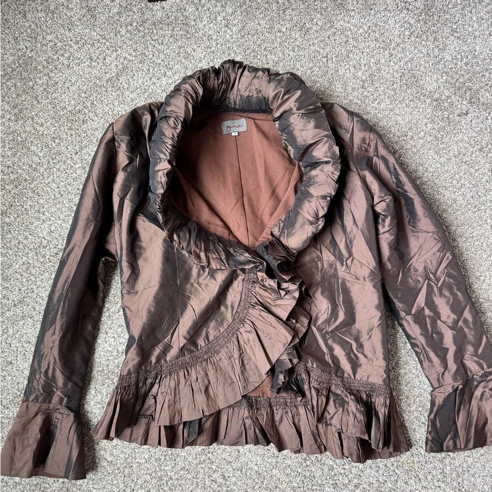 Zina Eva 100% Silk Vintage Brown Ruffle-Trim Jacket